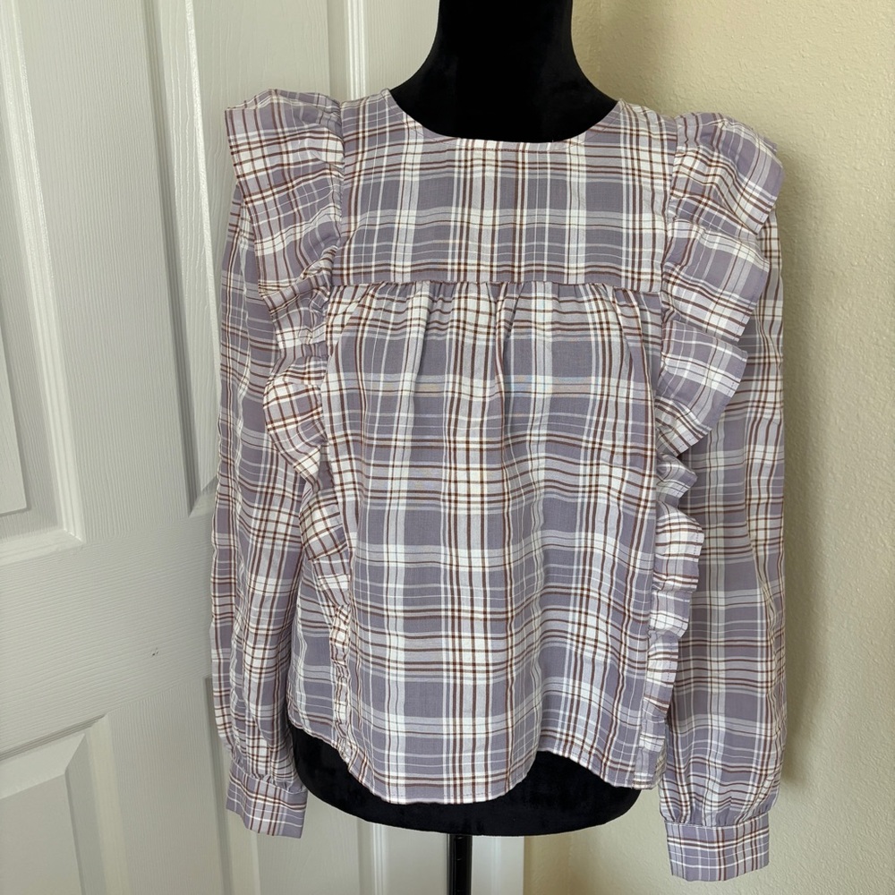 LOFT Purple Brown Plaid Ruffle Cropped Women's Long Sleeve Blouse Size Medium